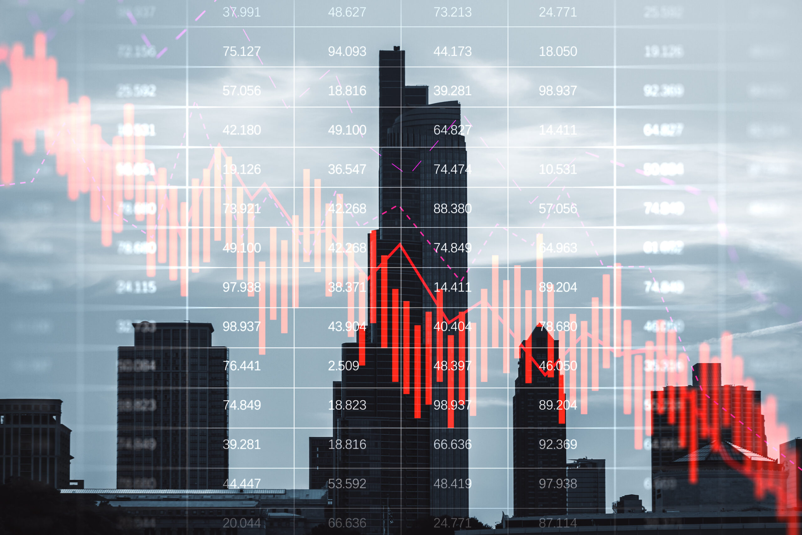 Real estate market and commercial property crisis concept with red falling graph and city on background, double exposure